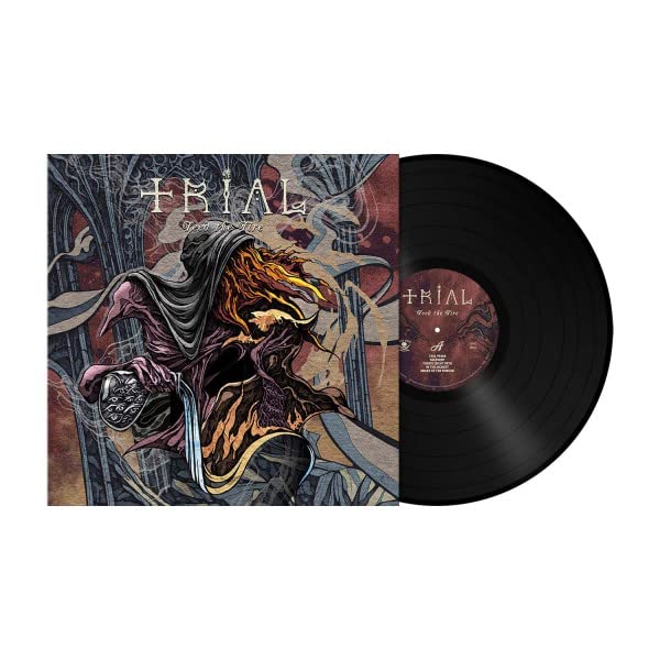 Vinyl record and album cover art featuring a hooded figure with fiery hair.