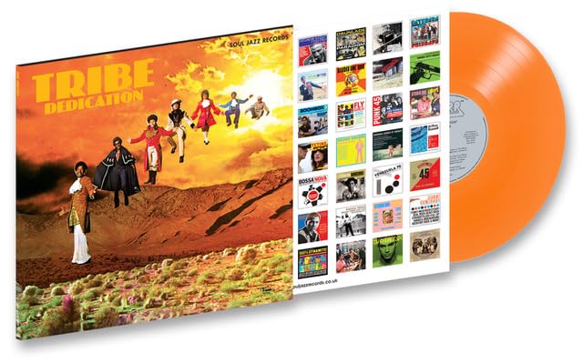 Orange vinyl record and cover art depicting figures in colorful clothing.