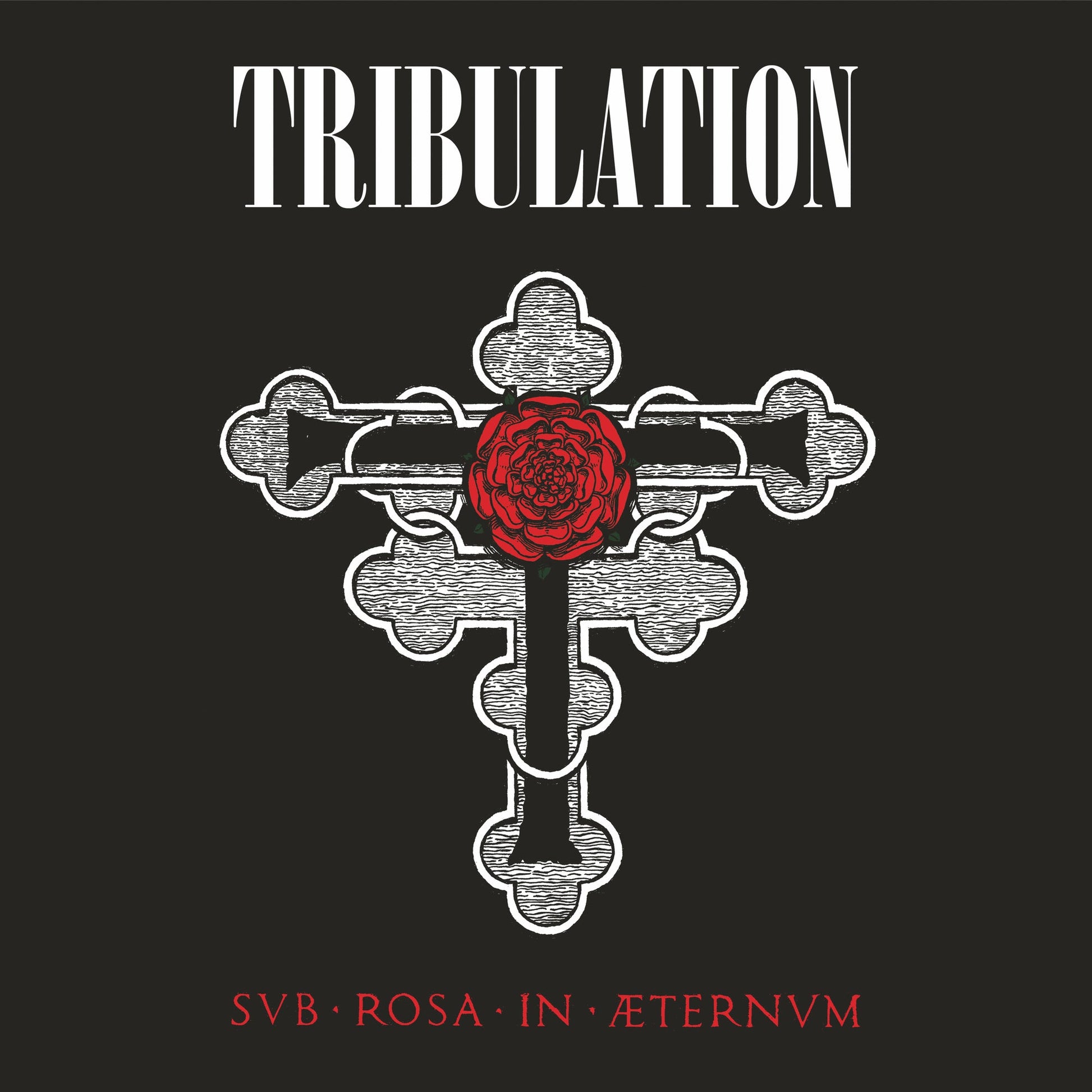 Album cover: white cross with a red rose, dark background, text.