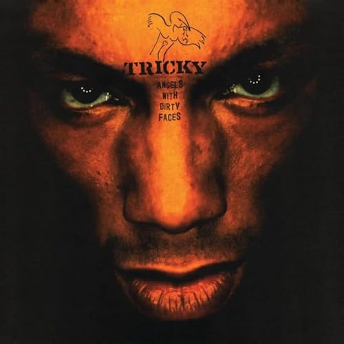 Close-up of eyes and face with album title "Tricky - Angels With Dirty Faces".