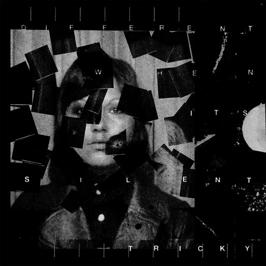 Black and white album cover with a fragmented portrait and text.