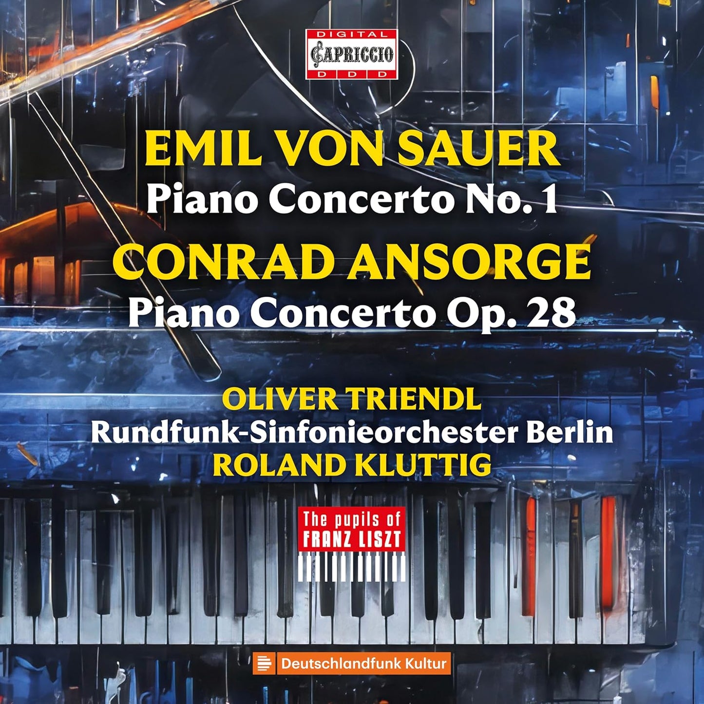 CD cover featuring piano keys and abstract blue background with text listing composers.
