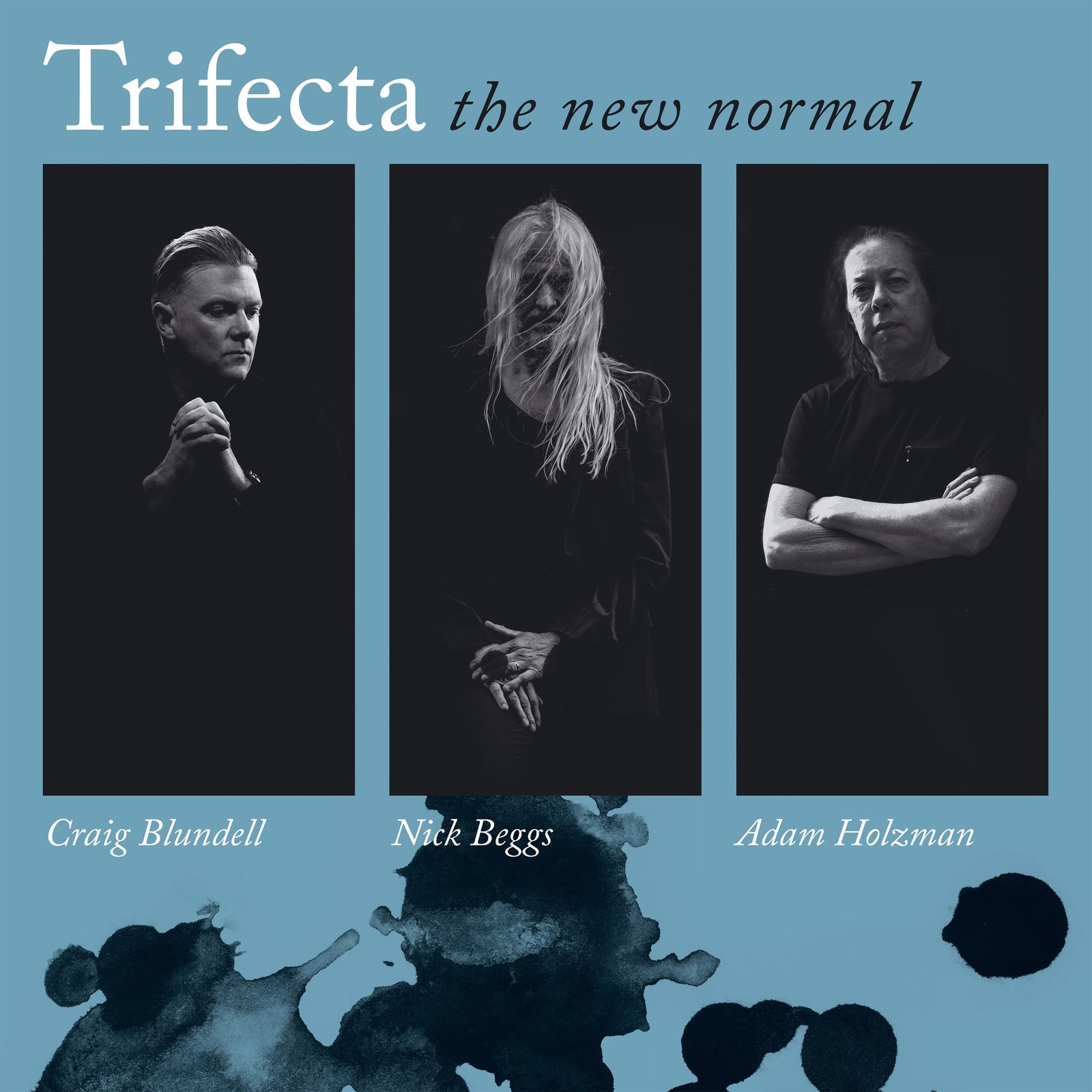 Album cover featuring three black and white portraits of musicians on a blue background.