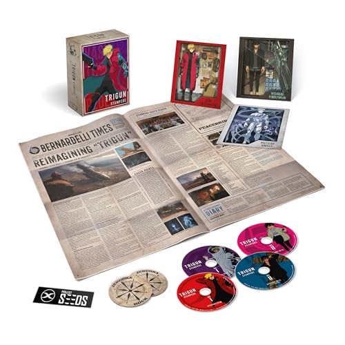 Trigun Stampede" Blu-ray box set with discs, art cards, and newspaper spread.