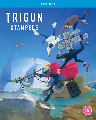 Trigun Stampede" Blu-ray cover featuring characters in dynamic poses against a blue sky.