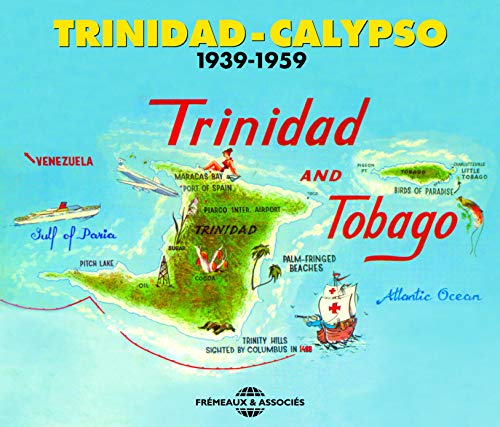 CD cover: illustrated map of Trinidad and Tobago, 1939-1959 calypso music.