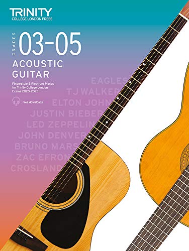 Trinity College London acoustic guitar exam pieces, grades 3-5, with guitars.