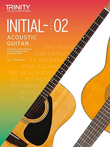 Trinity College London acoustic guitar exam book cover with text on orange gradient background.