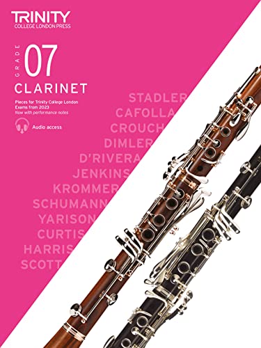 Trinity College London Grade 7 clarinet exam music book cover with pink background.