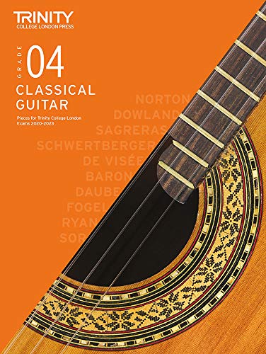 Book cover for Trinity College London Grade 4 Classical Guitar exam pieces featuring a guitar.