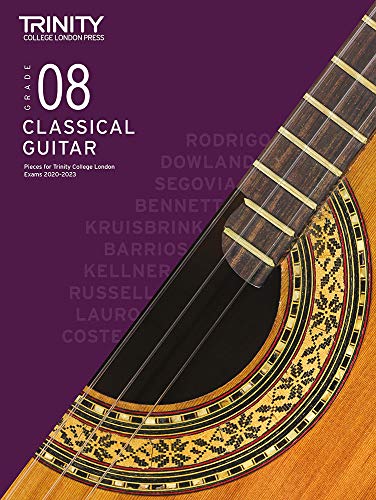 Sheet music book for Grade 8 classical guitar, with guitar image.