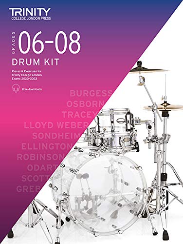 Trinity College London drum kit exam book, grades 6-8, with drum set image.