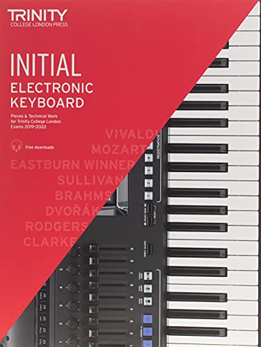Trinity College London Initial Grade electronic keyboard exam book cover with keyboard illustration.