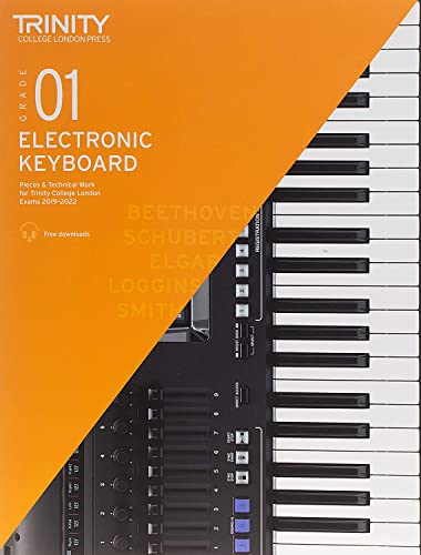 Trinity College London Grade 1 electronic keyboard exam book cover with keyboard graphic.