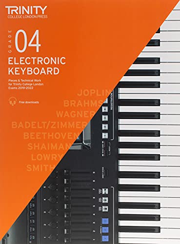 Trinity College London Grade 4 electronic keyboard exam book cover with keyboard illustration.