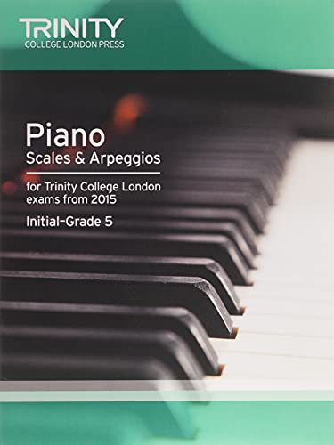 Trinity College London piano scales and arpeggios book cover with piano keys background.