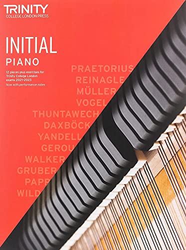 Red piano exam pieces book with composer names and keyboard image.