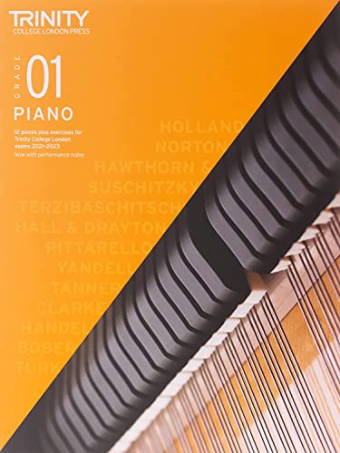 Orange Trinity College London Grade 1 Piano music book cover with piano keys graphic.