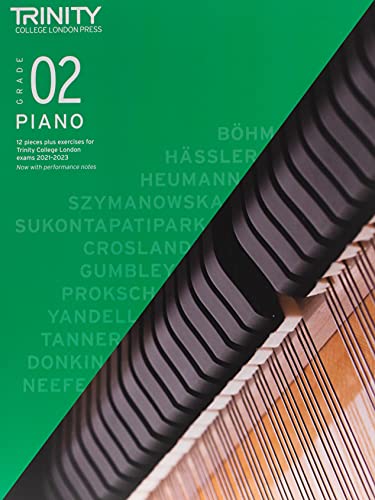 Trinity College London Grade 2 piano exam book cover with green background and piano keys.