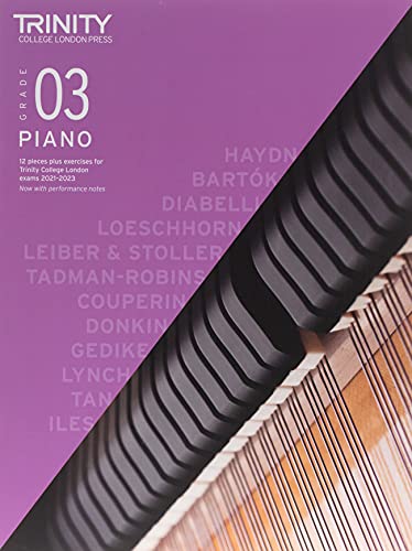 Trinity College London Grade 3 piano exam book cover with purple background and piano keys.