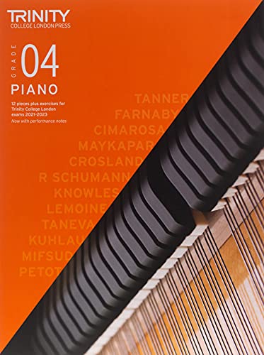 Trinity College London Grade 4 piano exam book cover with orange background and piano keys.