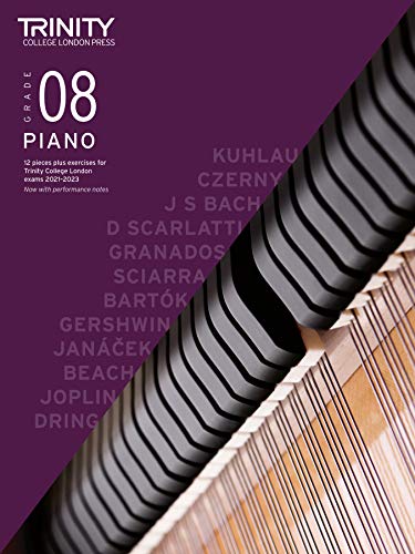 Purple piano exam book, Grade 8, with composer names listed.