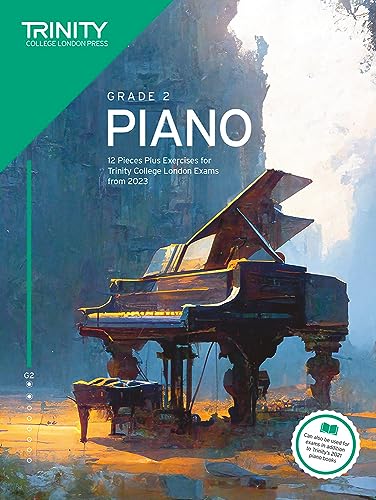 Trinity College London Grade 2 piano exam book cover featuring a grand piano illustration.