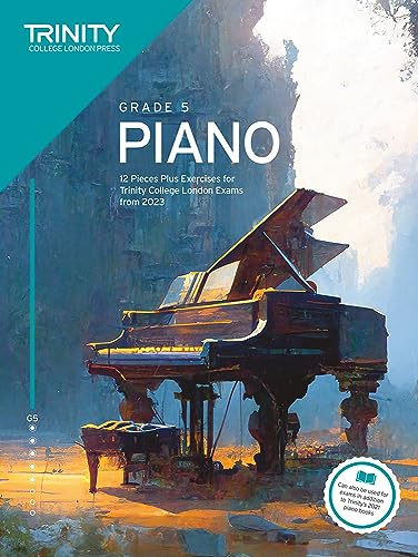 Music book with piano scores and exercises for Trinity College London Grade 5 exams.