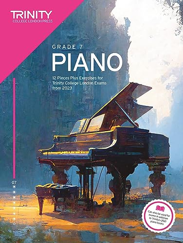 Trinity College London Grade 7 piano exam book with a grand piano image.