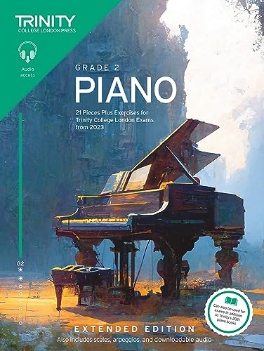 Trinity College London Grade 2 Piano exam book cover featuring a grand piano illustration.