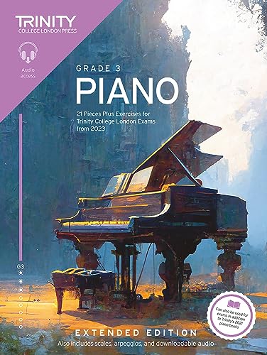 Trinity College London Grade 3 Piano book cover featuring a grand piano illustration.