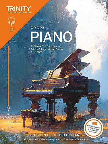 Trinity College London Grade 4 Piano exam book cover featuring a grand piano illustration.