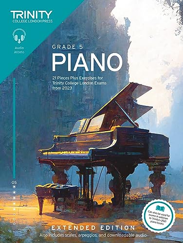 Trinity College London Grade 5 Piano exam book cover with a grand piano illustration.