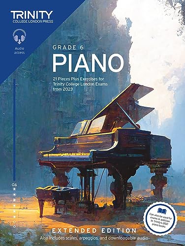 Trinity College London Grade 6 piano exam book cover featuring a grand piano illustration.