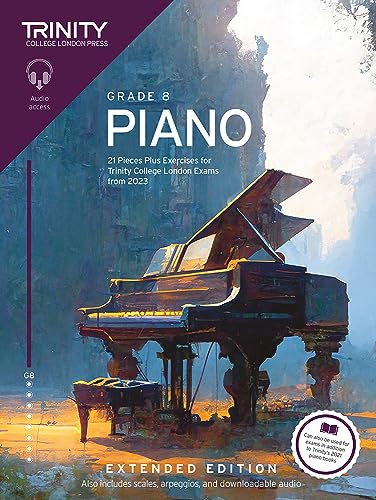 Trinity College London Grade 8 Piano exam book cover featuring an artistic piano illustration.
