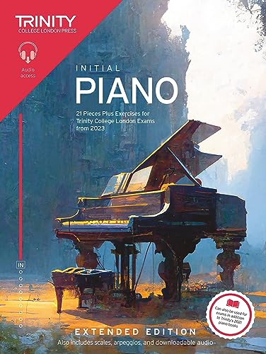Trinity College London Initial Piano exam book cover with a grand piano illustration.