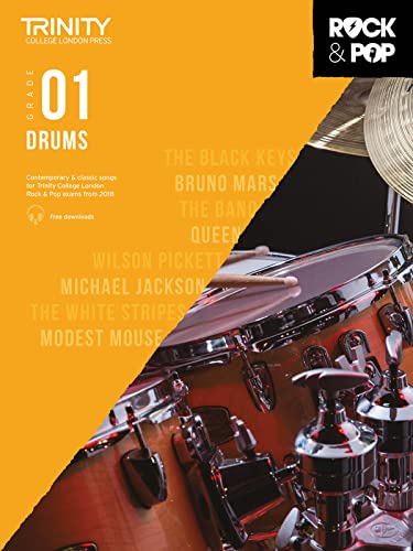 Trinity College London Grade 1 Drums book cover with a yellow background and drum kit.