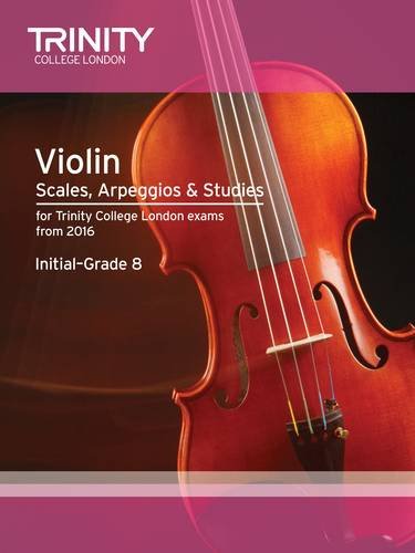 Cover of Trinity College London violin scales, arpeggios, and studies book with violin image.
