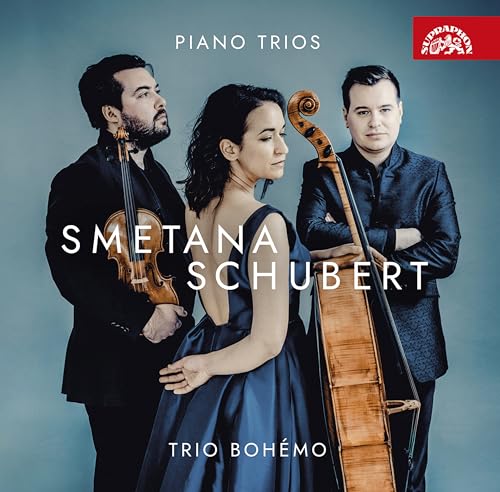 Trio Bohemo musicians with violin and cello, album cover for Smetana.