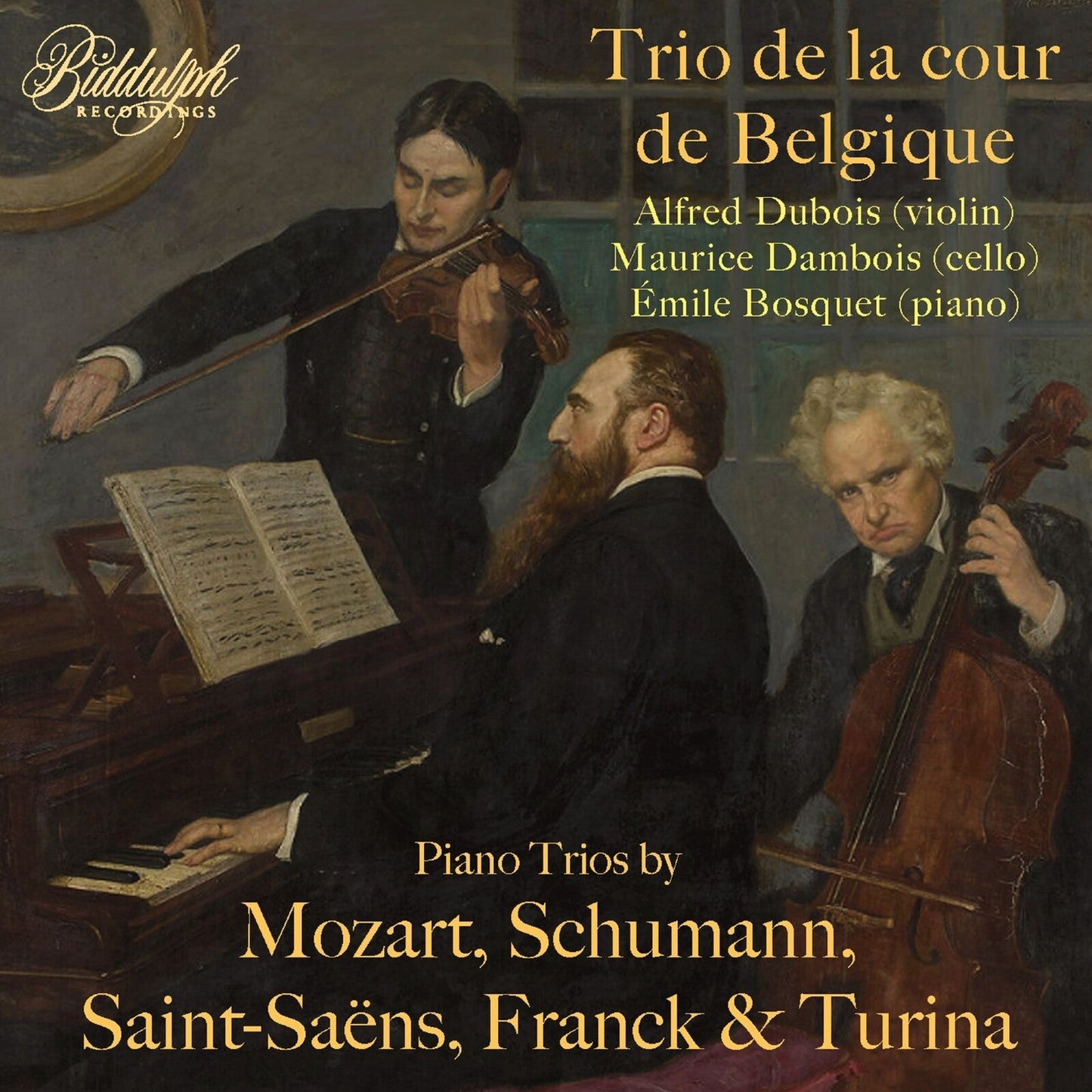 CD cover featuring a painting of three musicians with instruments.