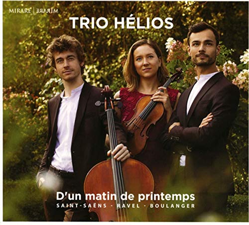 CD cover featuring three musicians with cello and violin, spring blossoms.