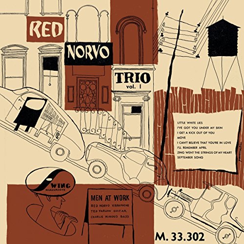 Vinyl album cover with abstract city scene and tracklist in red and beige tones.