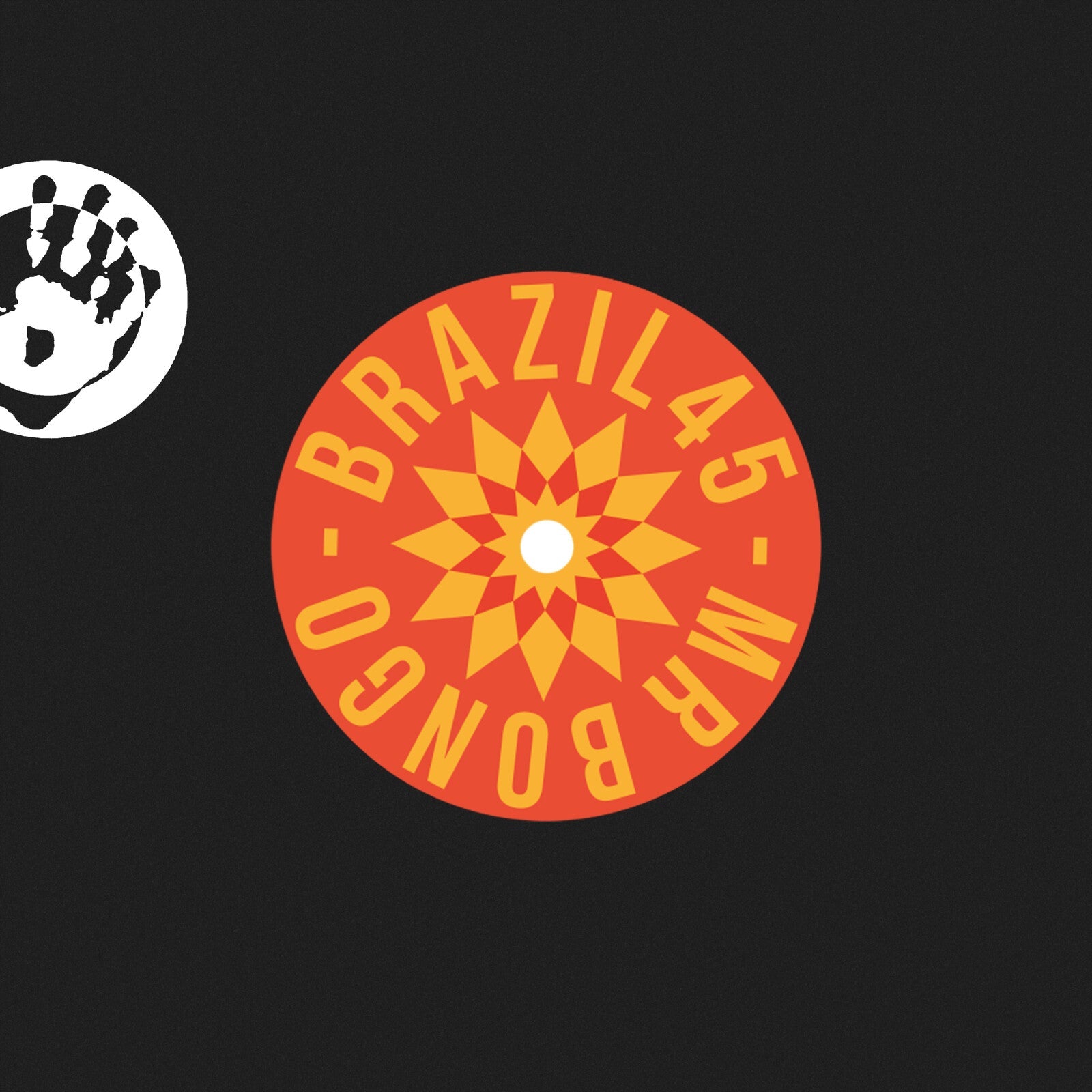 Orange and black record label design with a handprint and starburst.