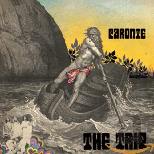CD cover: Charon rowing a boat, vintage illustration, yellow background.