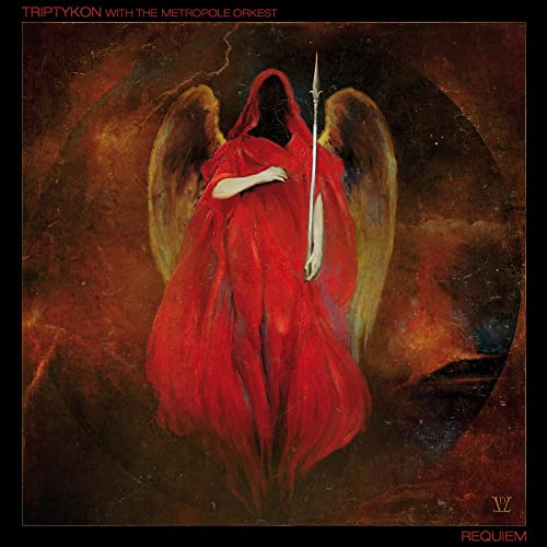 Red-robed figure with wings, holding a spear, against a fiery background.