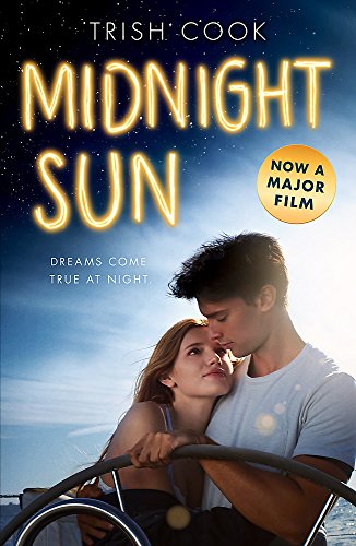 Book cover: couple embracing on a boat, with golden title "Midnight Sun".