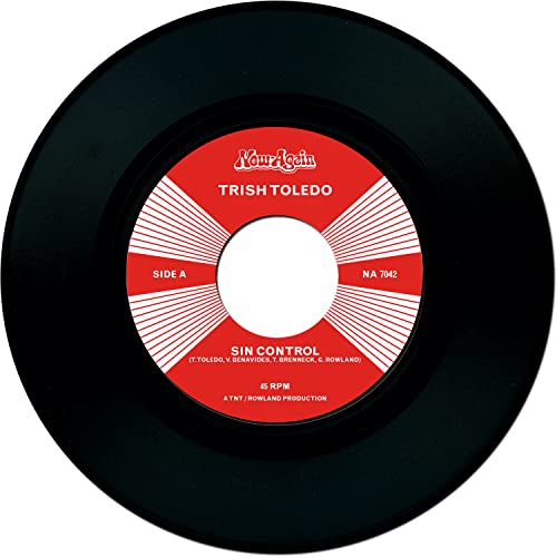 Black vinyl record with red and white "Trish Toledo - Sin Control" label.