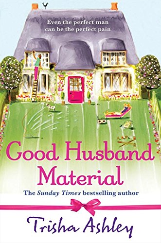 Book cover with illustrated cottage, pink text reading “Good Husband Material.”