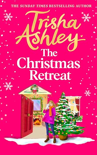 Book cover: pink background, woman by a snowy cabin and Christmas tree.