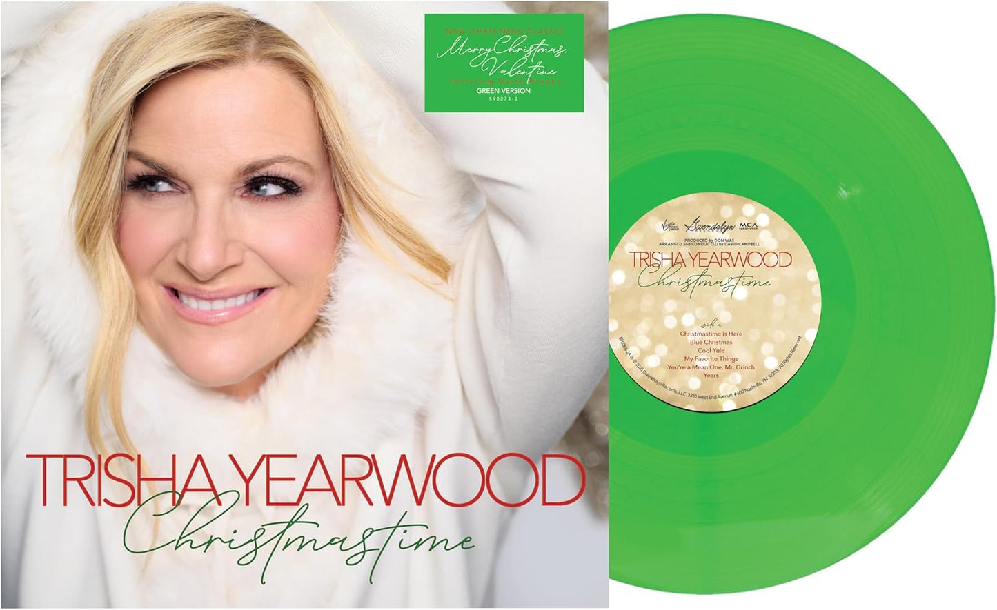 Trisha Yearwood “Christmastime” vinyl record with green and gold design.
